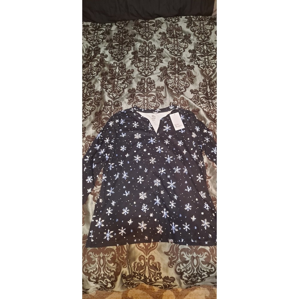 Kim Rogers XL 3/4 Sleeve Henley Black Ditzy Flakes NWT